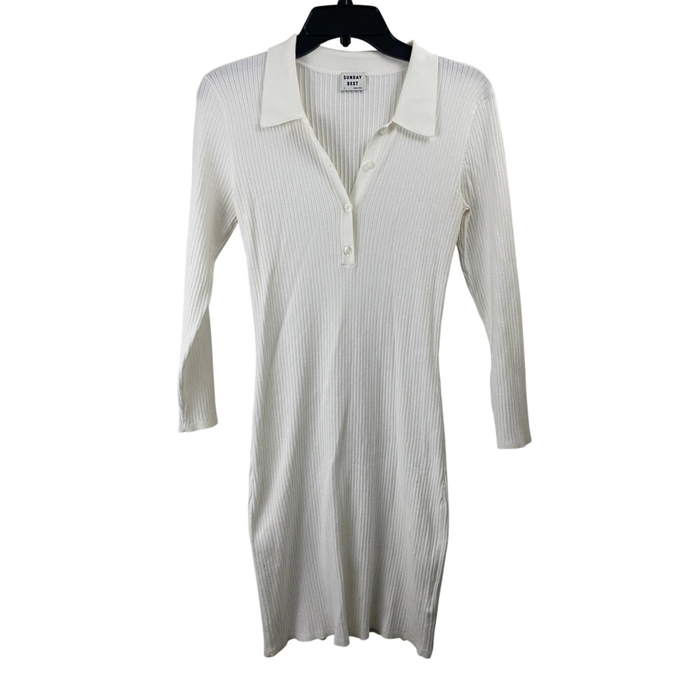 Sunday Best Aritzia Ribbed Knit Dress Women Medium White Polo Long Sleeve